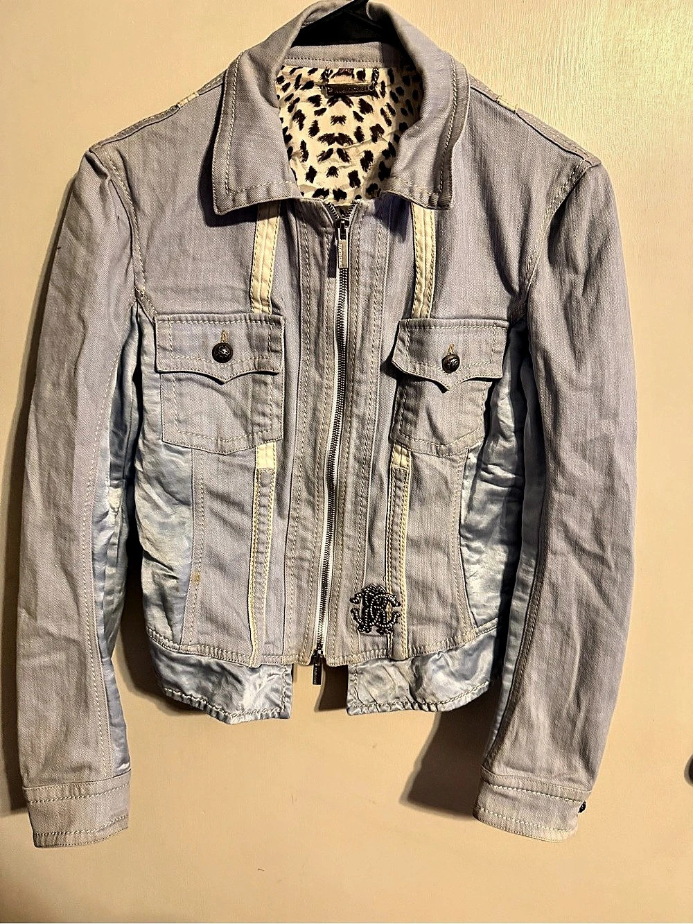 Roberto Cavalli Made in Italy Denim Jacket Linen Silk Leopard 44